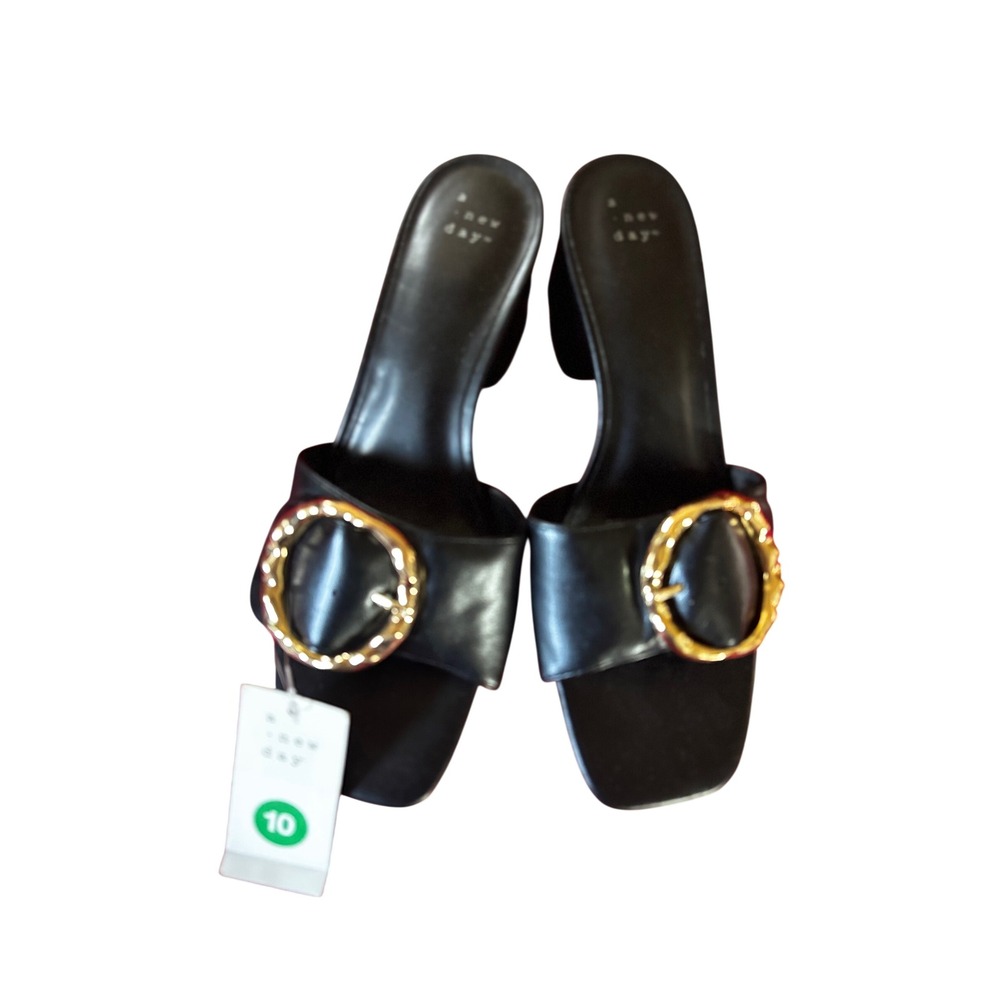 A New Day Women's Size 10 NWT Black Heeled Mules Gold Buckle Square Toe
